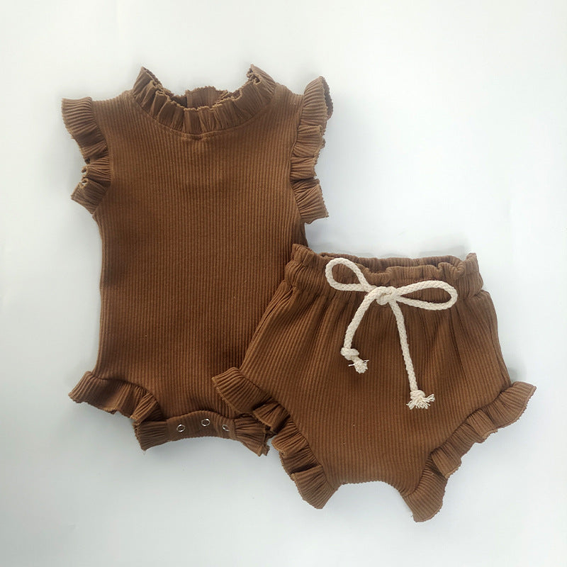 Nfant Sunken Stripe Thread Short Sleeve Wooden Ear Rompers Jumpsuit Plus Shorts Suit Baby Rompers