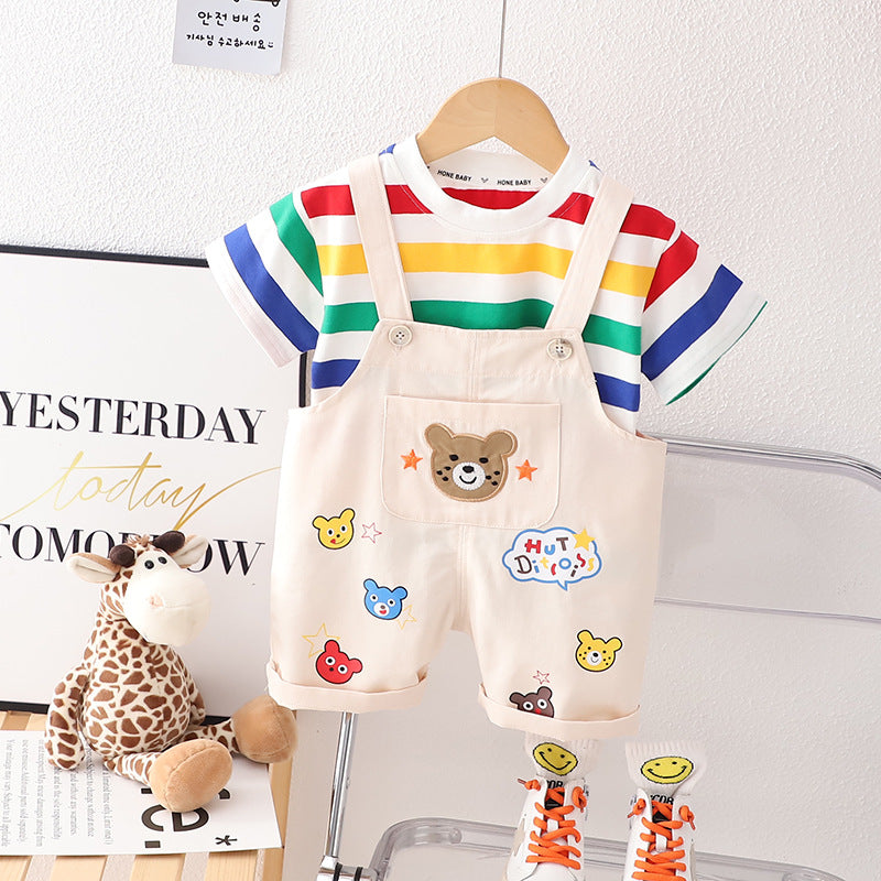 Boys' Summer Casual Suspender Trousers Short Sleeve Suit