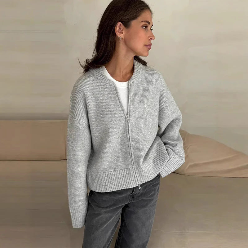 Women's Spring Clothing Casual All-match Round Neck Zipper Knitted Short Coat