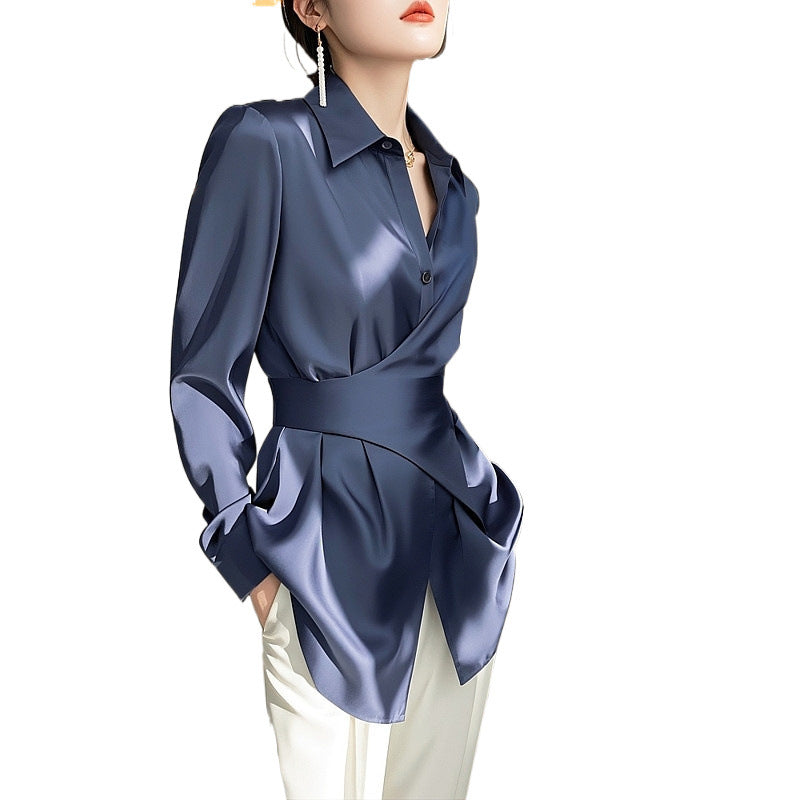 Blue Shirt Satin Waist Trimming Shirt Women's Clothing