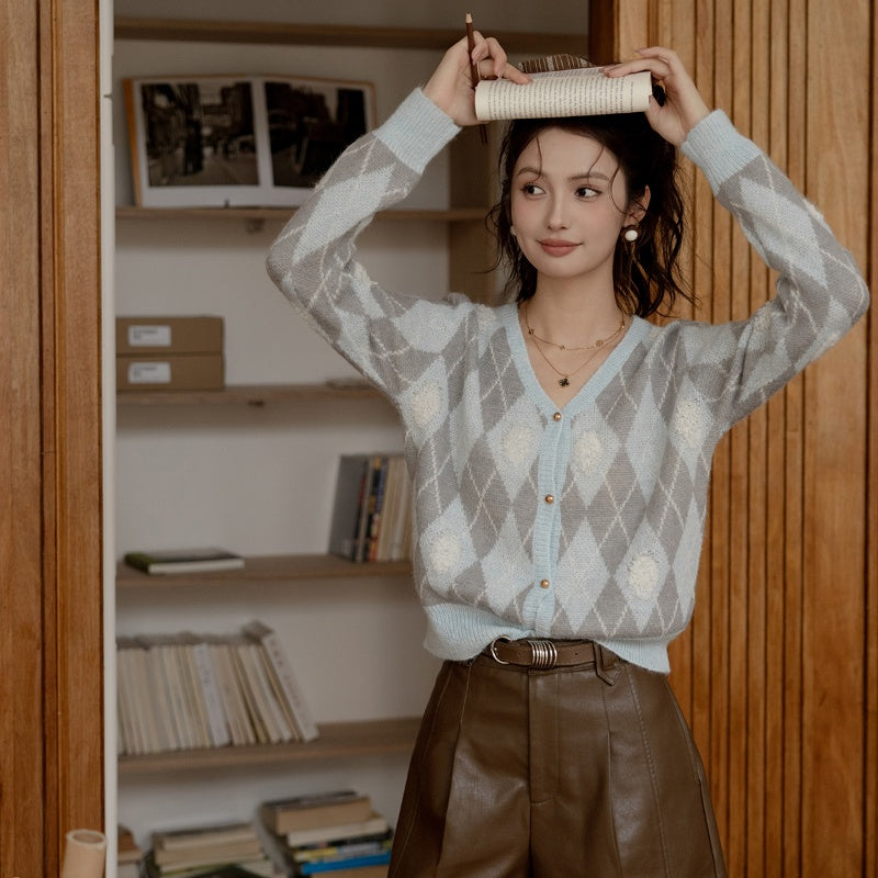 Casual Retro Diamond Plaid Sweater New Fall Women's Clothing Loose