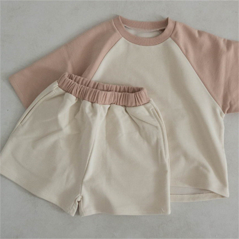 Fashion Colorblock Raglan Short Sleeve Shorts Casual Two-piece Suit