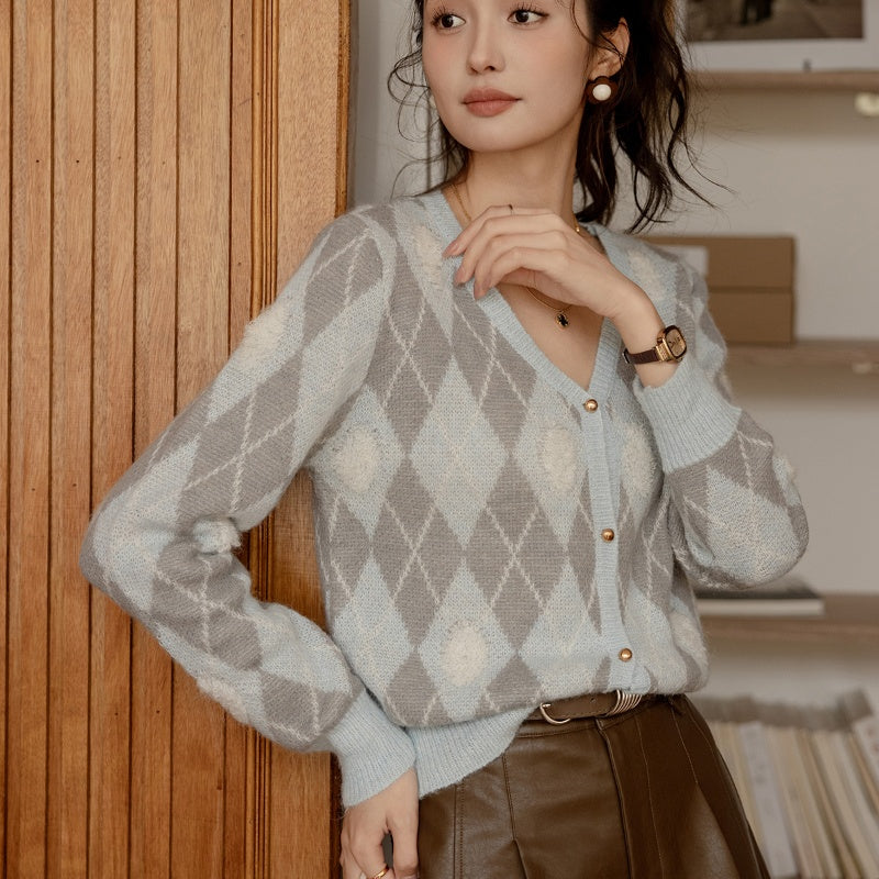 Casual Retro Diamond Plaid Sweater New Fall Women's Clothing Loose