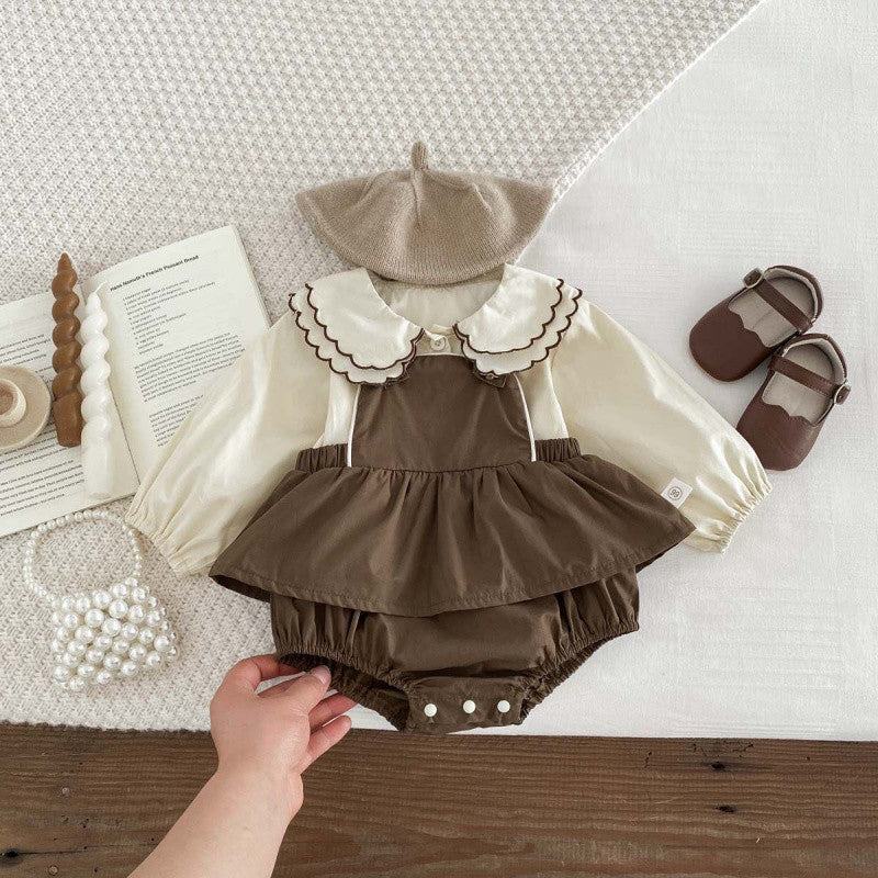 Girls' Long-sleeved Suspender Romper Doll Collar Shirt Jumpsuit Suit