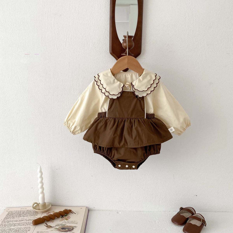 Girls' Long-sleeved Suspender Romper Doll Collar Shirt Jumpsuit Suit