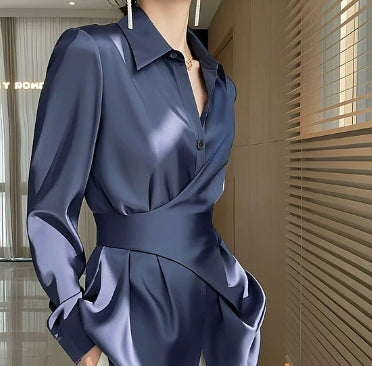 Blue Shirt Satin Waist Trimming Shirt Women's Clothing