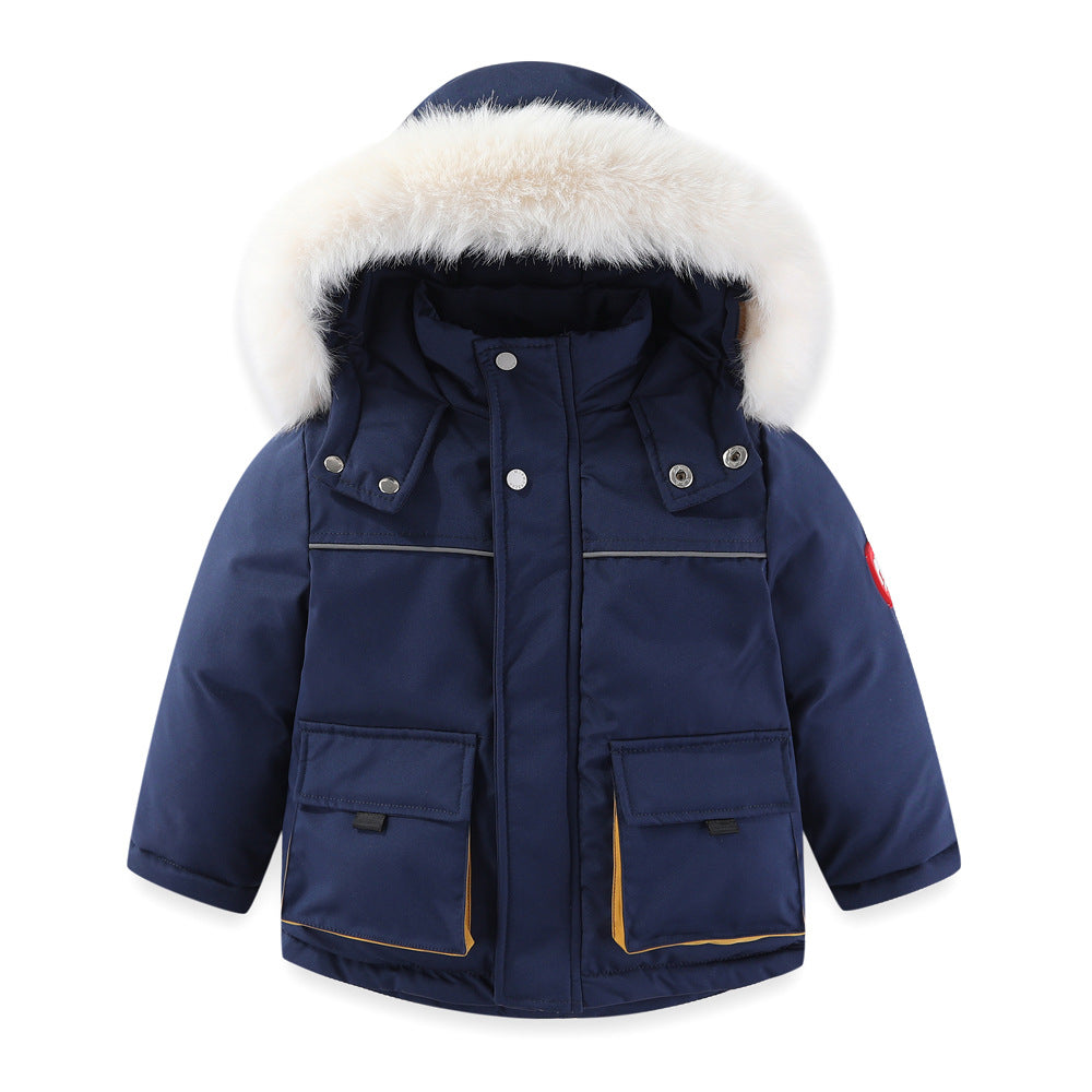 Windproof Waterproof Boys And Girls Big Fur Collar Ski Cotton-padded Overalls Suit