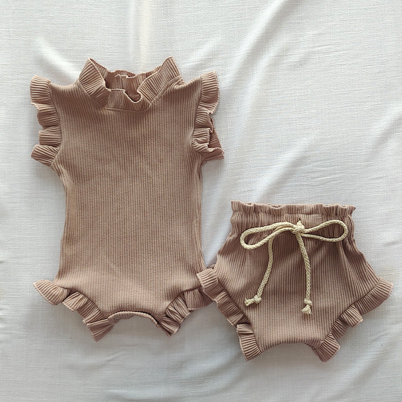 Nfant Sunken Stripe Thread Short Sleeve Wooden Ear Rompers Jumpsuit Plus Shorts Suit Baby Rompers