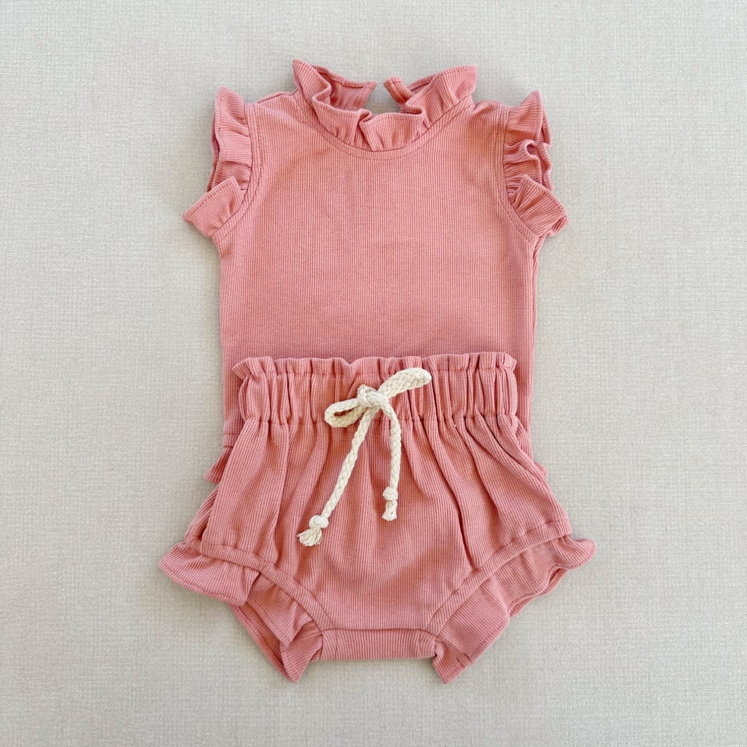 Nfant Sunken Stripe Thread Short Sleeve Wooden Ear Rompers Jumpsuit Plus Shorts Suit Baby Rompers