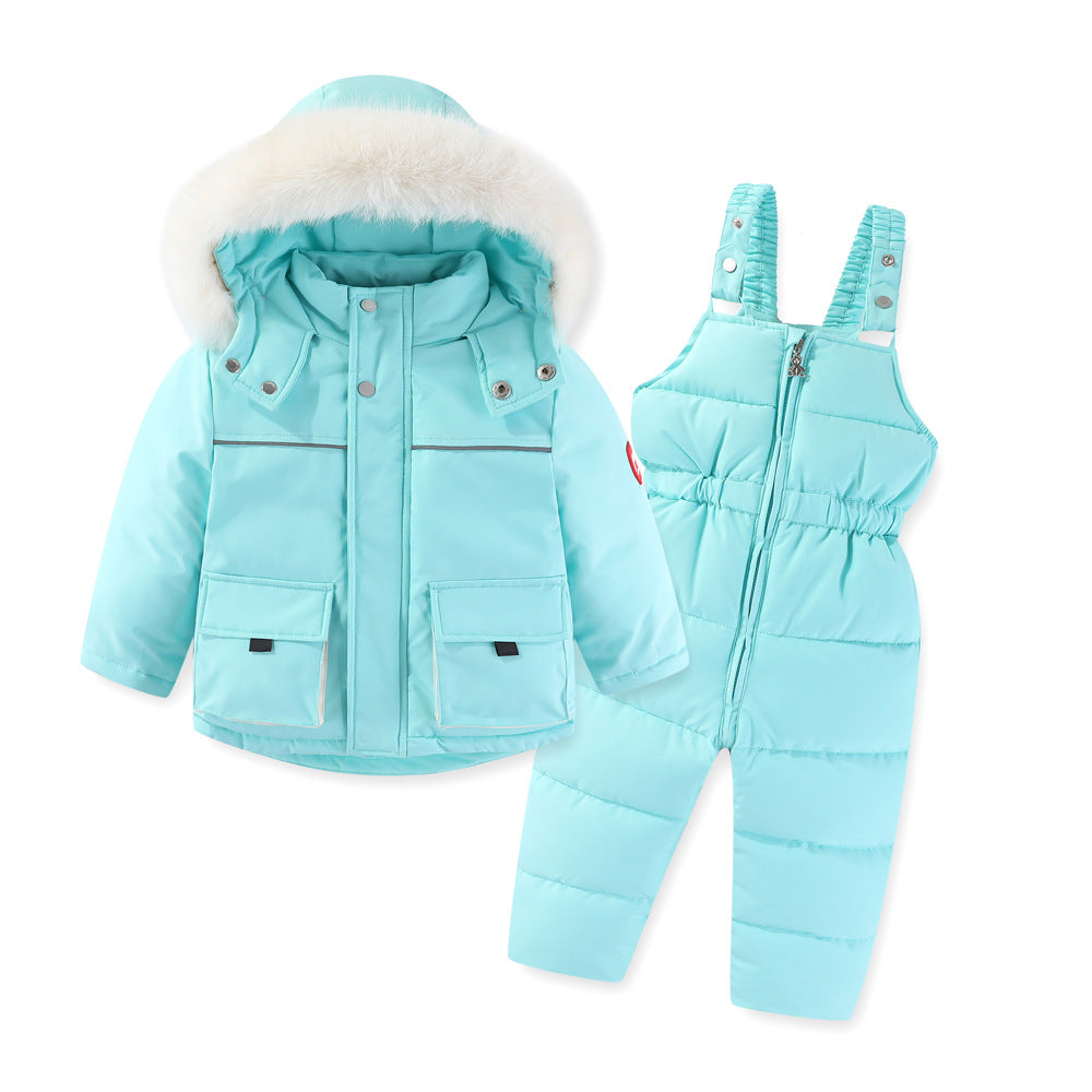 Windproof Waterproof Boys And Girls Big Fur Collar Ski Cotton-padded Overalls Suit