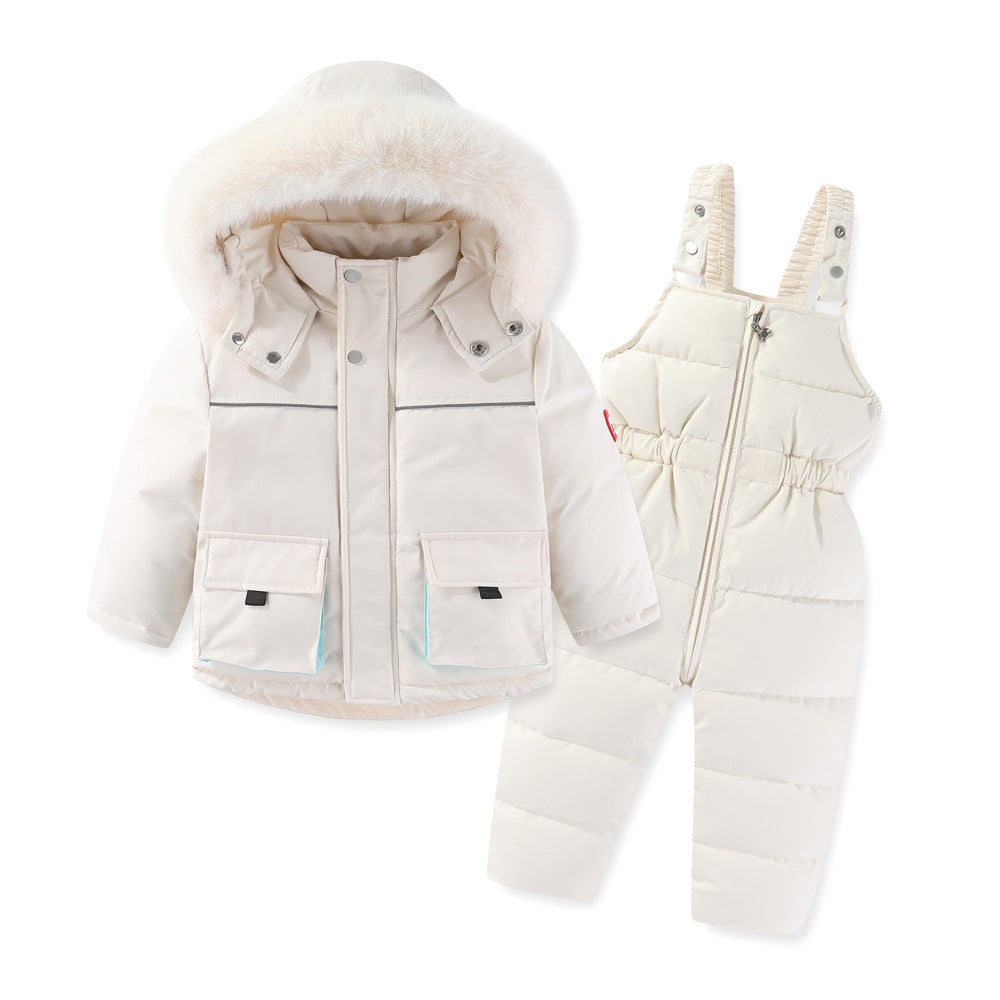 Windproof Waterproof Boys And Girls Big Fur Collar Ski Cotton-padded Overalls Suit