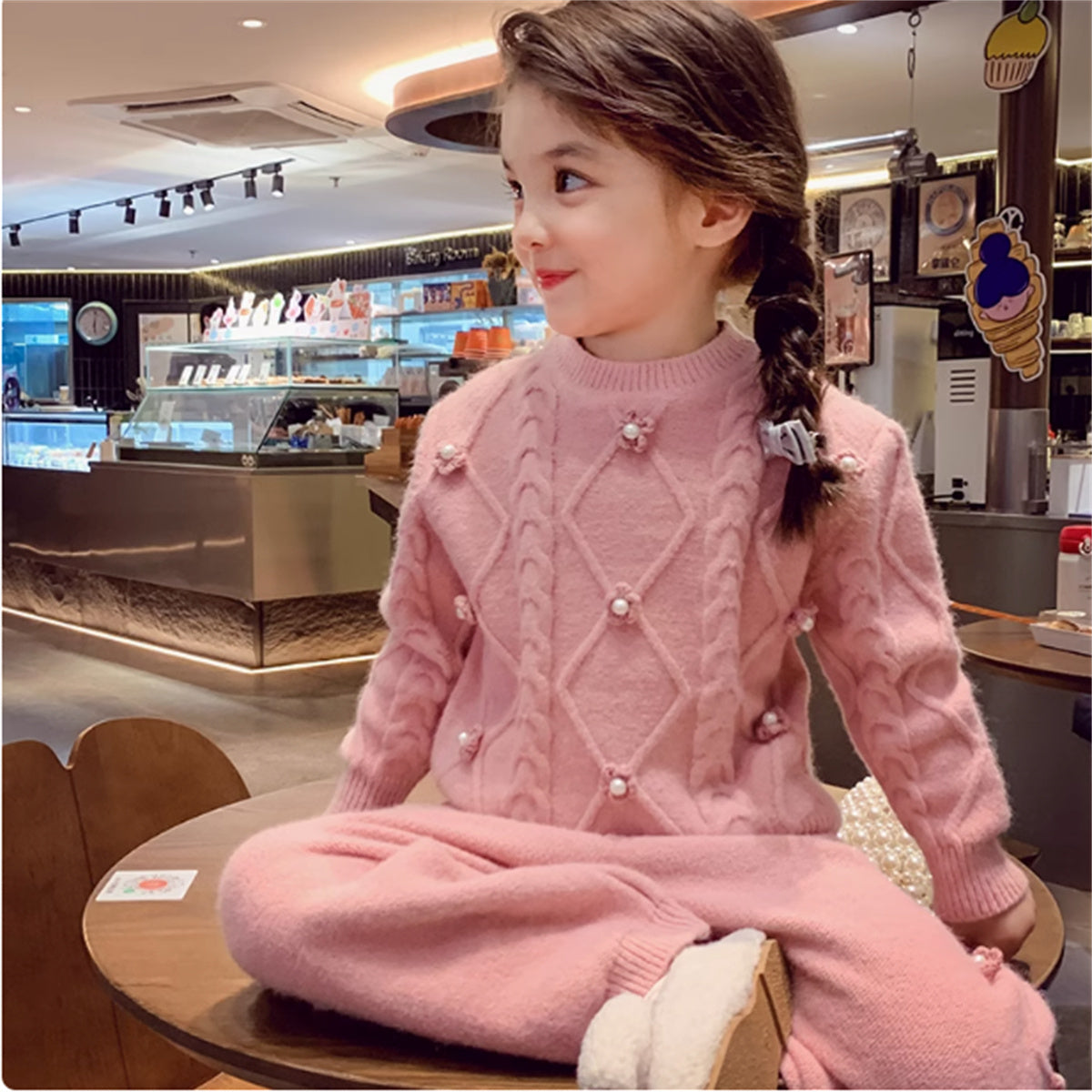 Fashionable Children's Pullover Sweater Wide Leg Pants Two Piece Suit For Girls