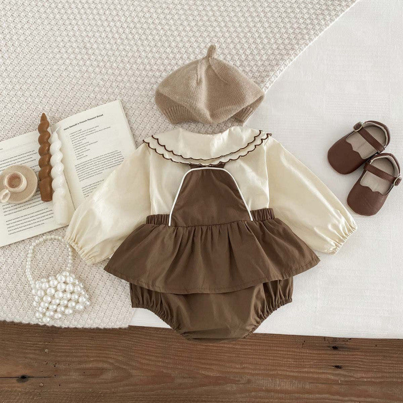 Girls' Long-sleeved Suspender Romper Doll Collar Shirt Jumpsuit Suit