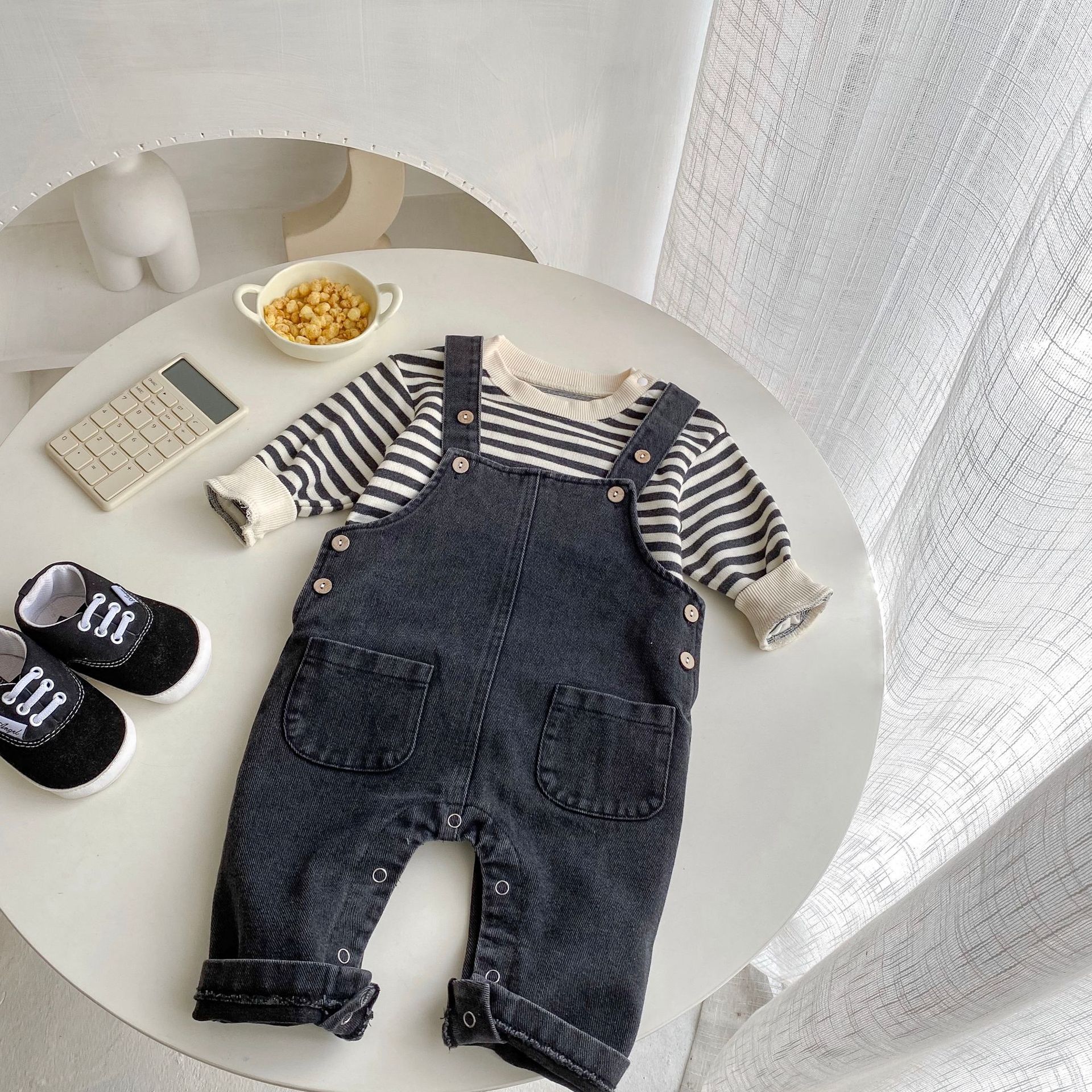Children's Striped Denim Jumpsuit Two-piece Set