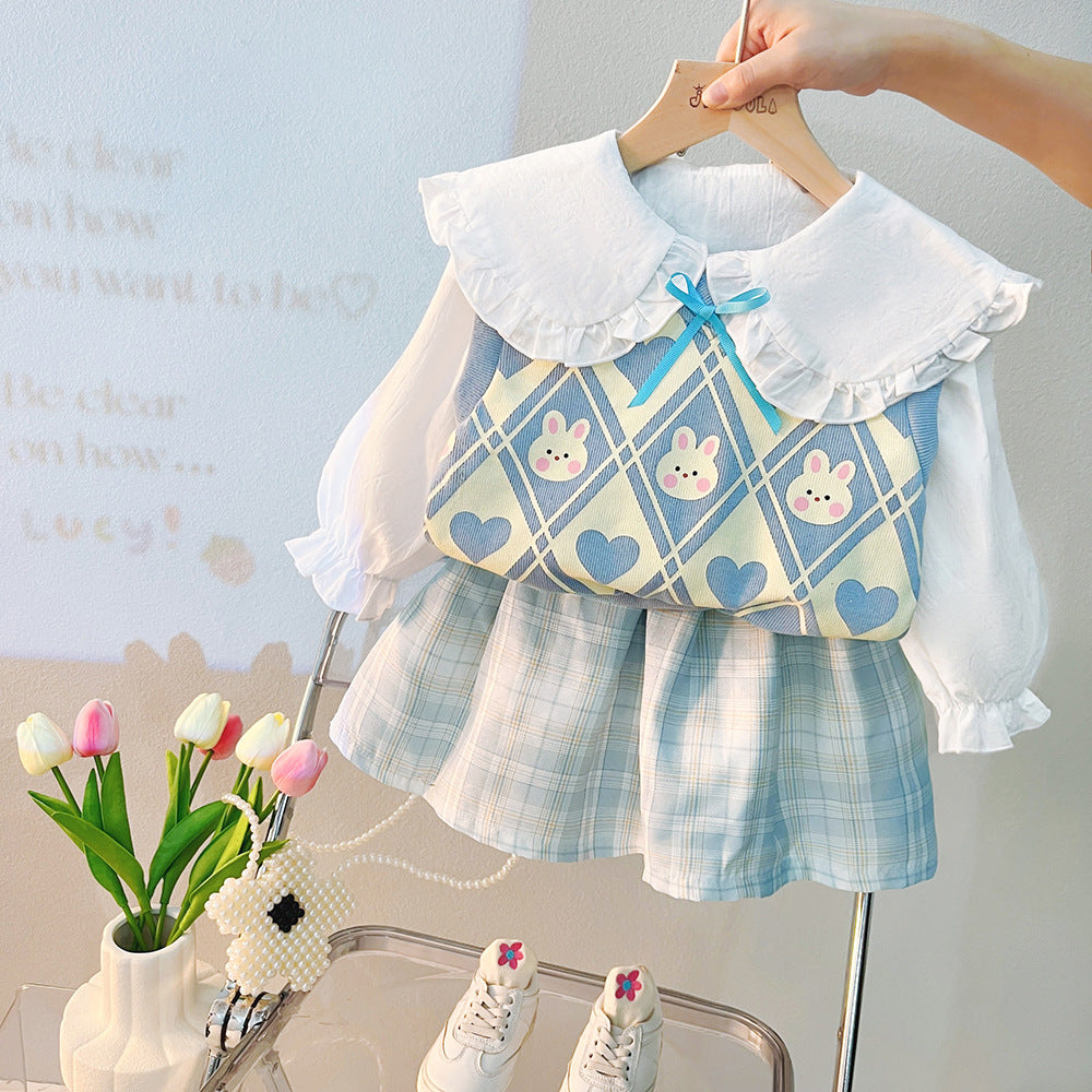 Autumn College Style Girls' Sweater Vest Vest Shirt Three-piece Set